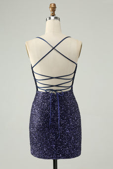 Sparkly Navy Sequins Tight Short Homecoming Dress With Fringes