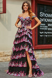 Princess A Line Off the Shoulder Pink Long Prom Dress with Appliques