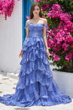 Dark Blue Off the Shoulder Corset Prom Dress with Slit