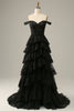 Load image into Gallery viewer, Princess A Line Off the Shoulder Black Pink Long Prom Dress with Appliques