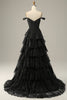 Load image into Gallery viewer, Princess A Line Off the Shoulder Black Pink Long Prom Dress with Appliques