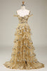 Load image into Gallery viewer, Off the Shoulder Golden Corset Tiered Prom Dress with Slit