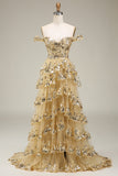 Off the Shoulder Golden Corset Tiered Prom Dress with Slit