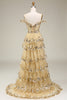 Load image into Gallery viewer, Off the Shoulder Golden Corset Tiered Prom Dress with Slit