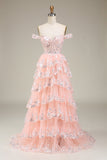 Princess A Line Off the Shoulder Pink Long Prom Dress with Appliques