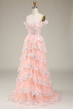 Princess A Line Off the Shoulder Pink Long Prom Dress with Appliques