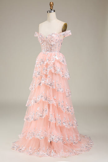 Blush Off the Shoulder Corset Sequin Tiered Prom Dress with Slit