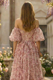 Ivory Red Floral A-Line Sheer Boned Corset Off The Shoulder Long Plus Size Prom Dress