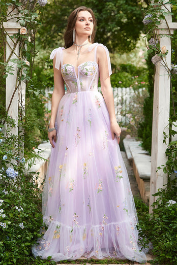 A-line Embroidery Grey Blue Corset Tulle Long Prom Dress