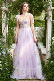 A-line Embroidery Grey Blue Corset Tulle Long Prom Dress