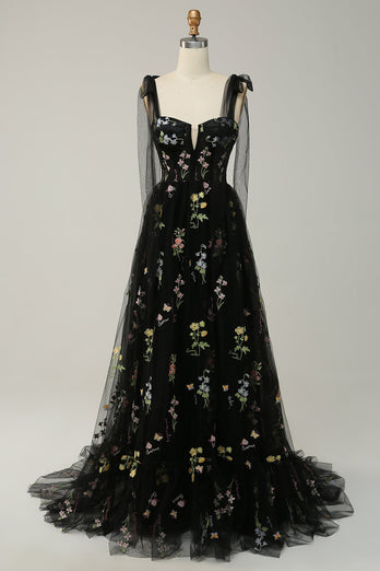 Black Embroidery Corset Long Prom Dress