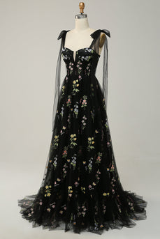 Black Embroidery Corset Long Prom Dress