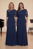 Navy Sheath Ruffled Half Sleeves Long Choir Dress with Appliques