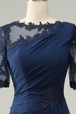 Navy Sheath Ruffled Half Sleeves Long Choir Dress with Appliques
