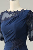 Navy Sheath Ruffled Half Sleeves Long Choir Dress with Appliques