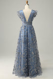 Grey Blue A Line Deep V Neck Open Back Plus Size Prom Dress with Sequins