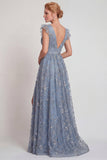 Grey Blue Appliqued V Neck A Line Mother of the Bride Dress with Slit
