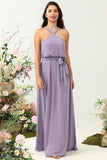 A Line Halter Purple Long Bridesmaid Dress with Bowknot