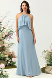 A Line Halter Neck Blue Long Bridesmaid Dress