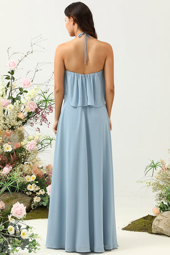 A Line Halter Neck Blue Long Bridesmaid Dress