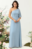 Grey Blue One Shoulder Chiffon Boho Bridesmaid Dress