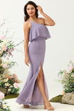 Sheath One Shoulder Purple Plus Size Bridesmaid Dress with Silt