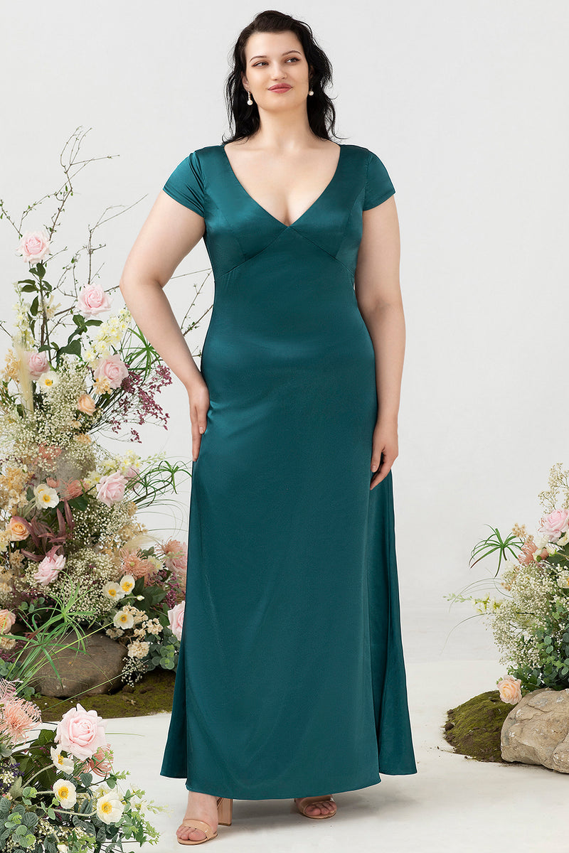 Load image into Gallery viewer, A Line V Neck Dark Green Plus Size Bridesmaid Dress with Open Back