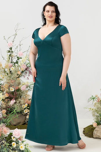 A Line V Neck Dark Green Plus Size Bridesmaid Dress with Open Back