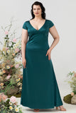 A Line V Neck Dark Green Plus Size Bridesmaid Dress with Open Back