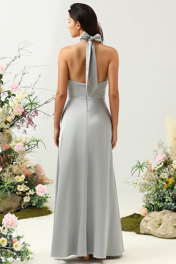Simple Grey Halter Long Bridesmaid Dress with Slit
