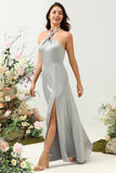 Simple Grey Halter Long Bridesmaid Dress with Slit