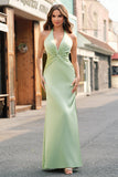 Dark Green Mermaid Halter Ruched Satin Long Bridesmaid Dress