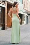 Dark Green Mermaid Halter Ruched Satin Long Bridesmaid Dress