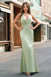 Dusty Sage Satin Mermaid Ruched Halter Bridesmaid Dress