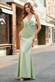 Dark Green Mermaid Halter Ruched Satin Long Bridesmaid Dress