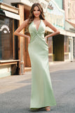 Dark Green Mermaid Halter Ruched Satin Long Bridesmaid Dress