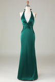 Dark Green Mermaid Halter Ruched Satin Long Bridesmaid Dress