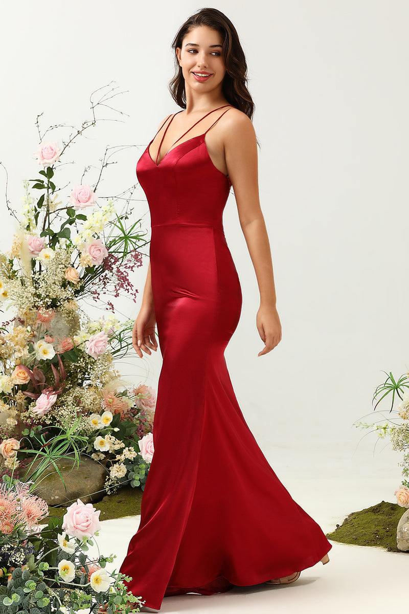 Load image into Gallery viewer, Mermaid Spaghetti Straps Burgundy Long Bridesmaid Dress with Backless