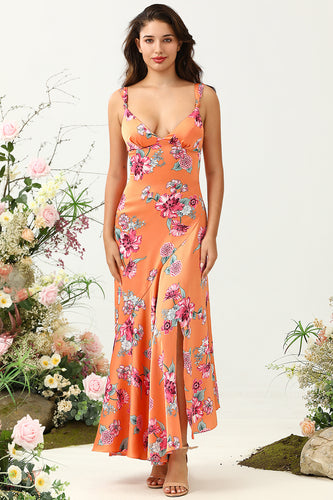 Orange Floral Asymmetrical Boho Bridesmaid Dress