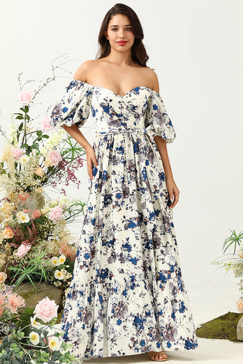 White Blue Flower Boho Bridesmaid Dress
