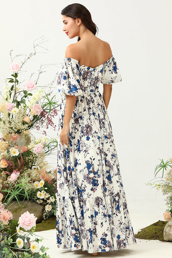 White Blue Flower Boho Bridesmaid Dress