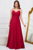 A Line Spaghetti Straps Burgundy Long Bridesmaid Dress