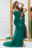 Mermaid Spaghetti Straps Dark Green Long Prom Dress with Criss Cross Back