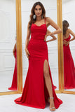 Mermaid Spaghetti Straps Red Long Prom Dress with Criss Cross Back