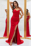 Mermaid Spaghetti Straps Red Long Prom Dress with Criss Cross Back