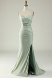 Mermaid Spaghetti Straps Dark Green Long Prom Dress with Criss Cross Back