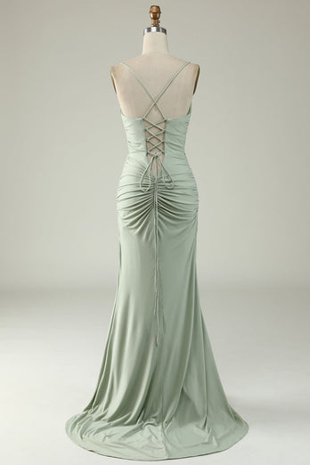 Mermaid Spaghetti Straps Dark Green Long Prom Dress with Criss Cross Back