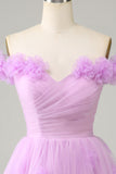 Pink Off the Shoulder Corset Graduation Dress With Flowers