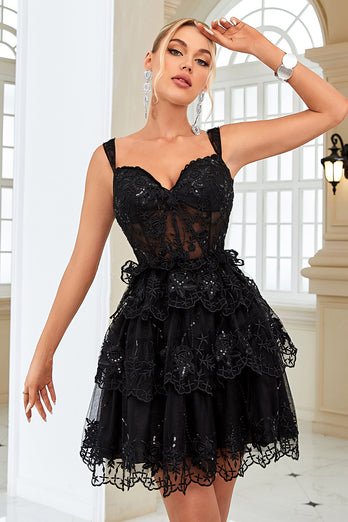 Sparkly Dark Blue Corset Tiered Short Graduation Dress with Lace