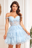 Sparkly Dark Blue Corset Tiered Short Graduation Dress with Lace